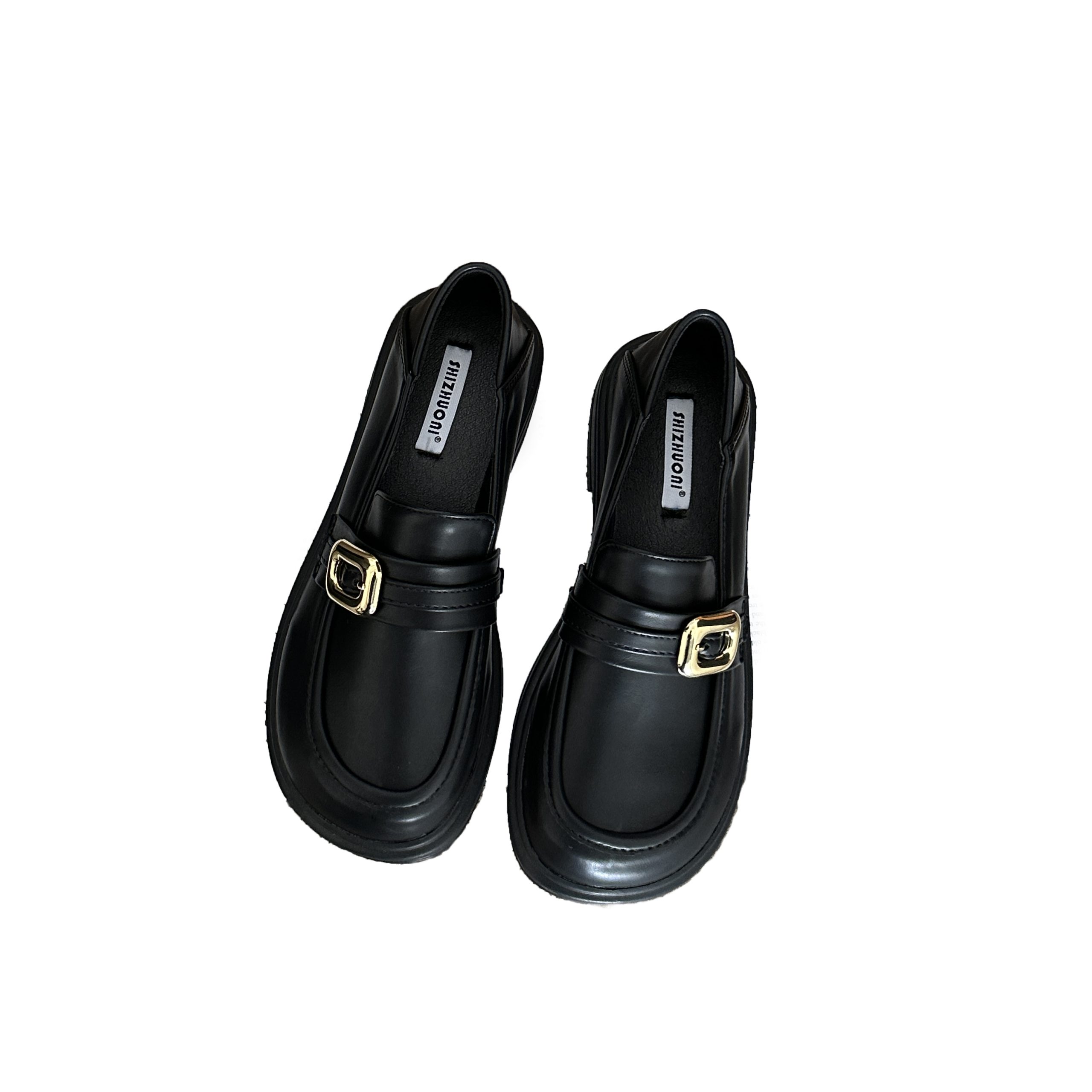 SIZHUONI Women's Chunky Loafers 2024 New Thick Sole Low Heel Slip-On Shoes Metal Buckle Soft Leather Casual Flat Shoes