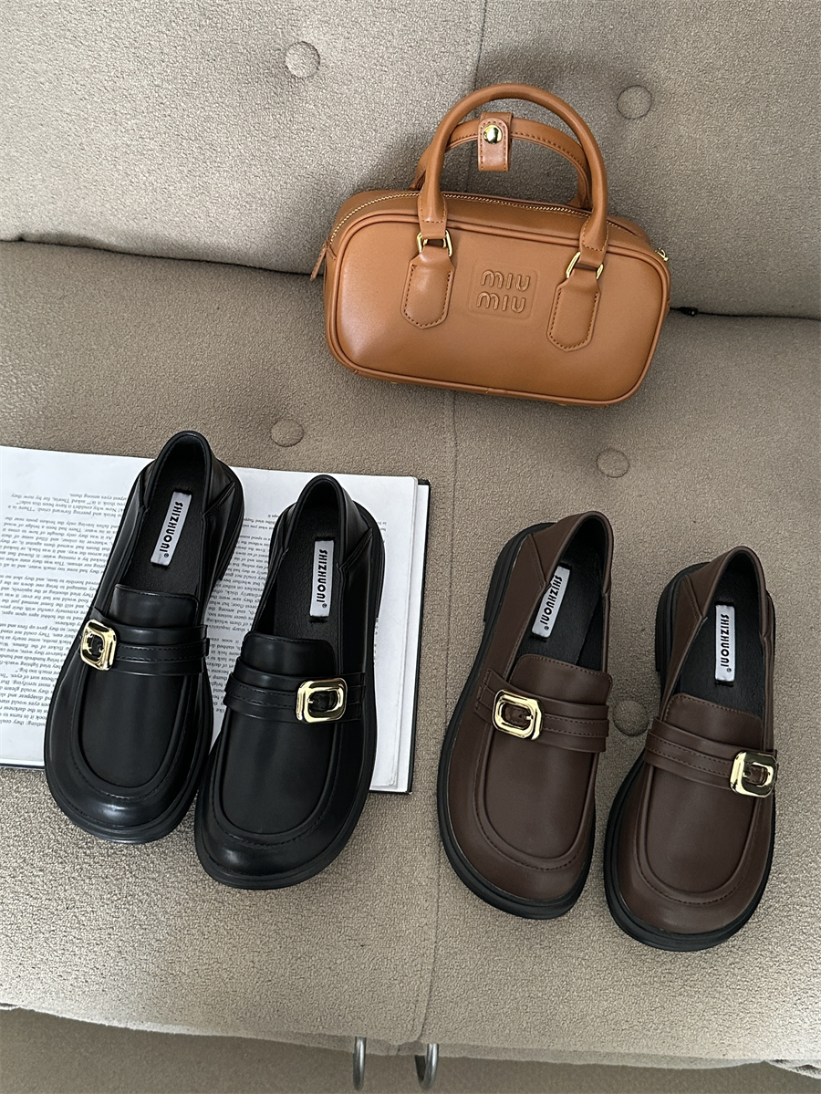 1702717194758_249447.jpg SIZHUONI Women's Chunky Loafers 2024 New Thick Sole Low Heel Slip-On Shoes Metal Buckle Soft Leather Casual Flat Shoes