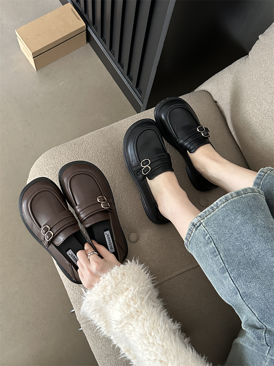 Women's Loafers British Style 2024 Spring Autumn New Retro Double Belt Buckle Comfortable Round Toe Soft Leather Low Heel Shoes