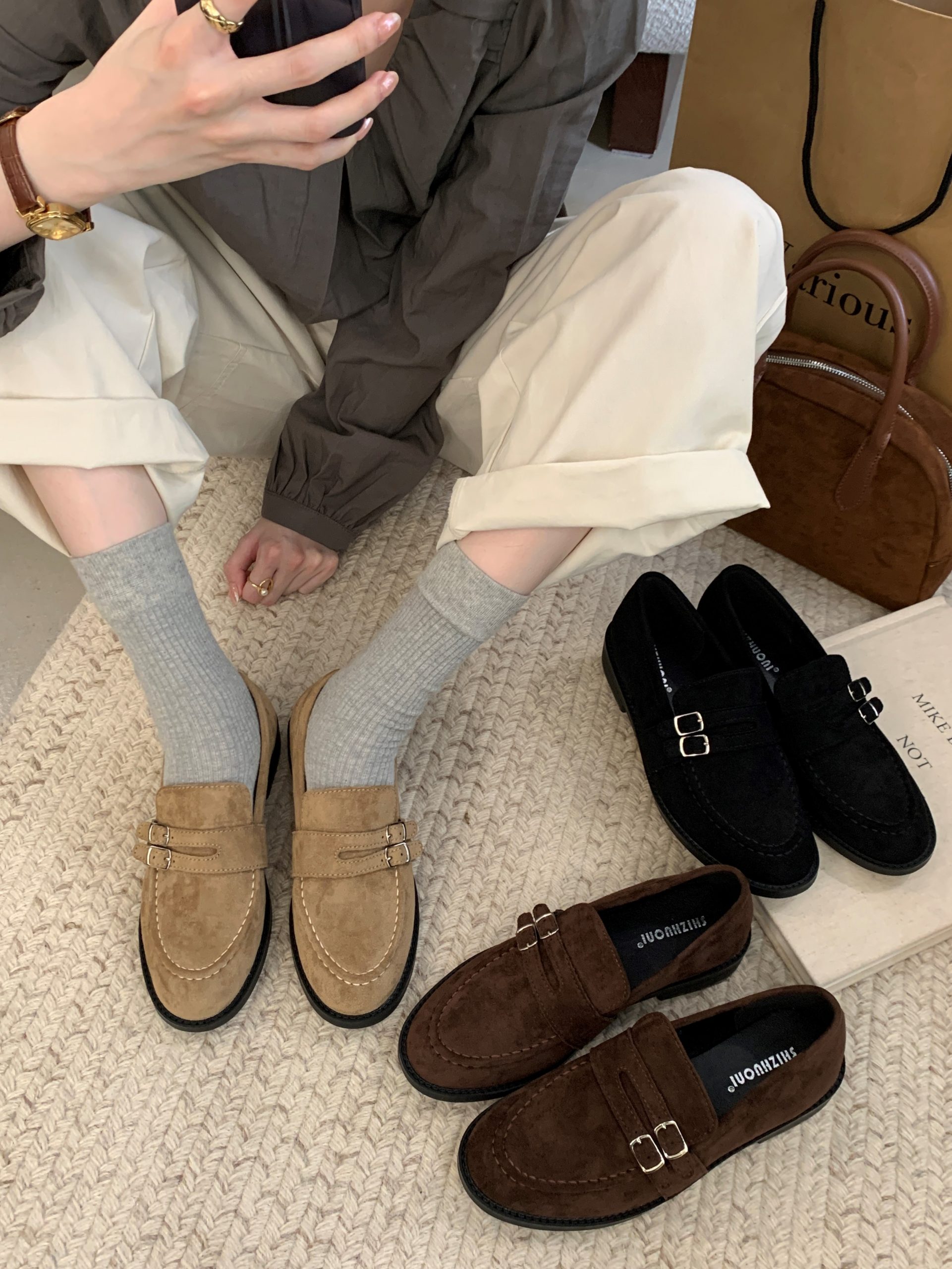 British Retro Round Toe Loafer Shoes 2024 Autumn Winter New Double Buckle Slip On Flat Women's Shoes