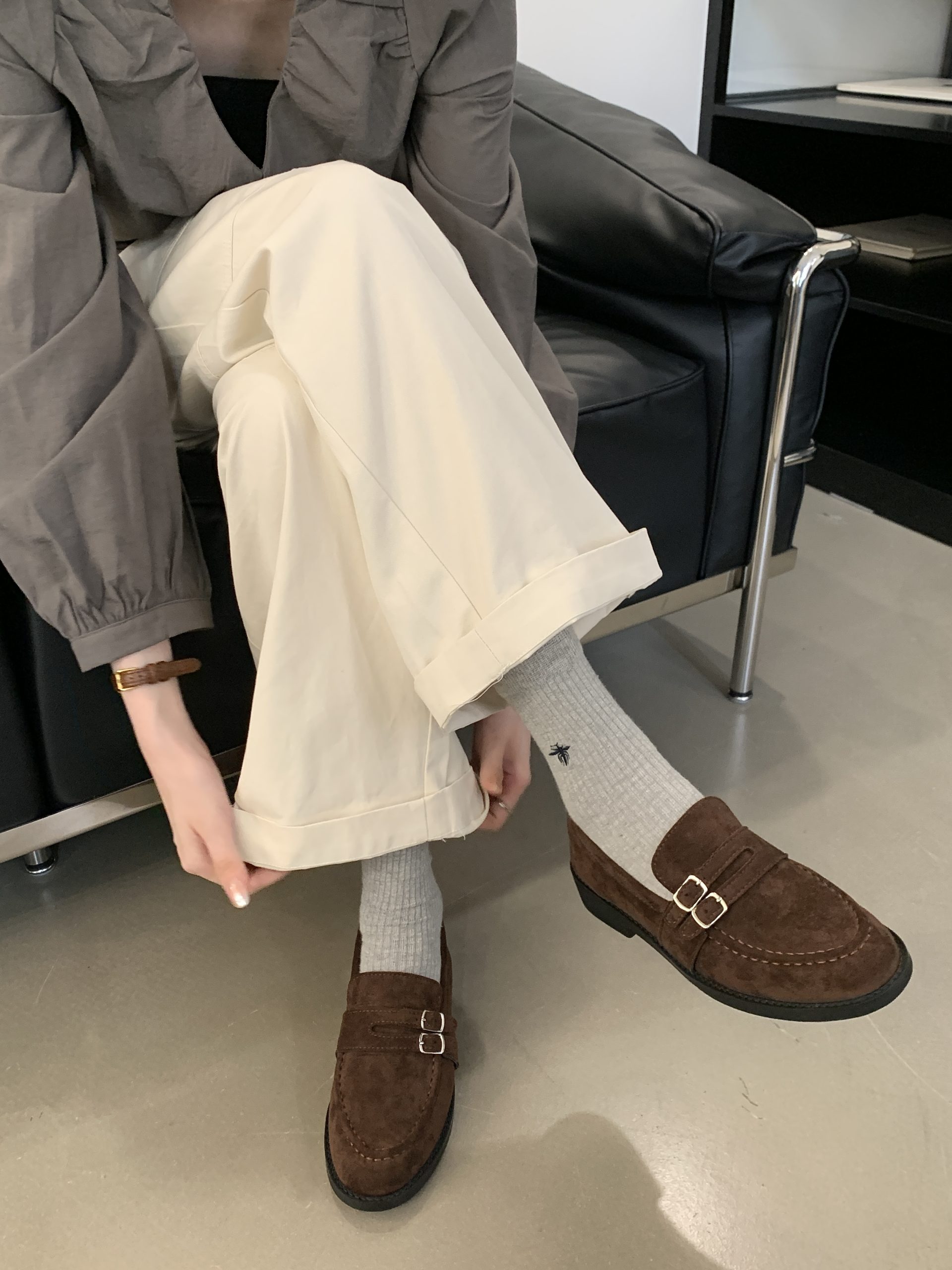 1725356926929_94901.jpg British Retro Round Toe Loafer Shoes 2024 Autumn Winter New Double Buckle Slip On Flat Women's Shoes