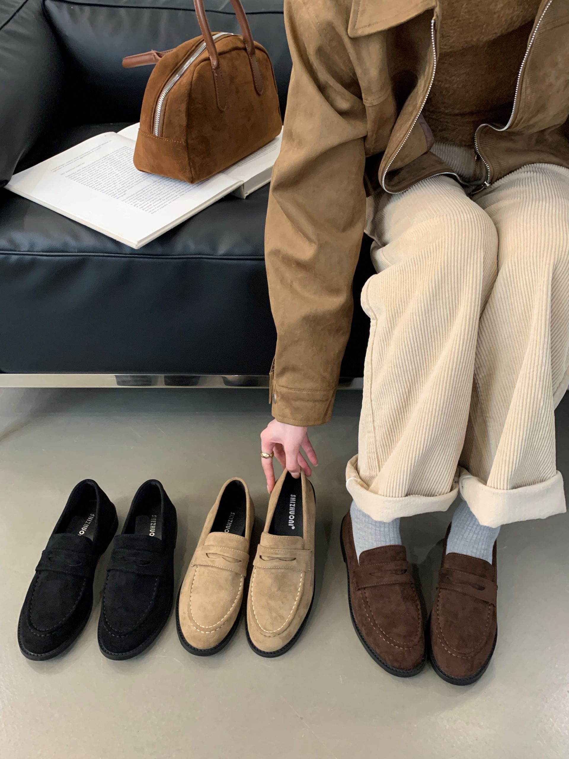 British Style Fashion Low Heel Loafers Women's Deep Mouth Round Toe Suede Casual Shoes