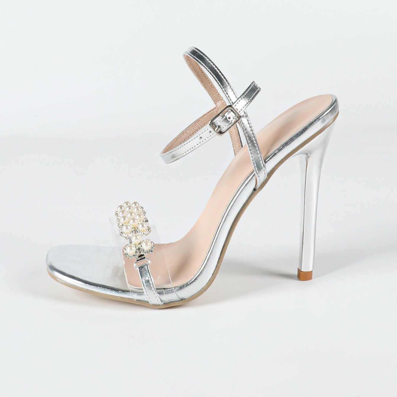 French Style Silver High Heel Shoes Elegant Pearl Wedding Shoes Thin Heel Square Toe Strappy Open Toe Sandals