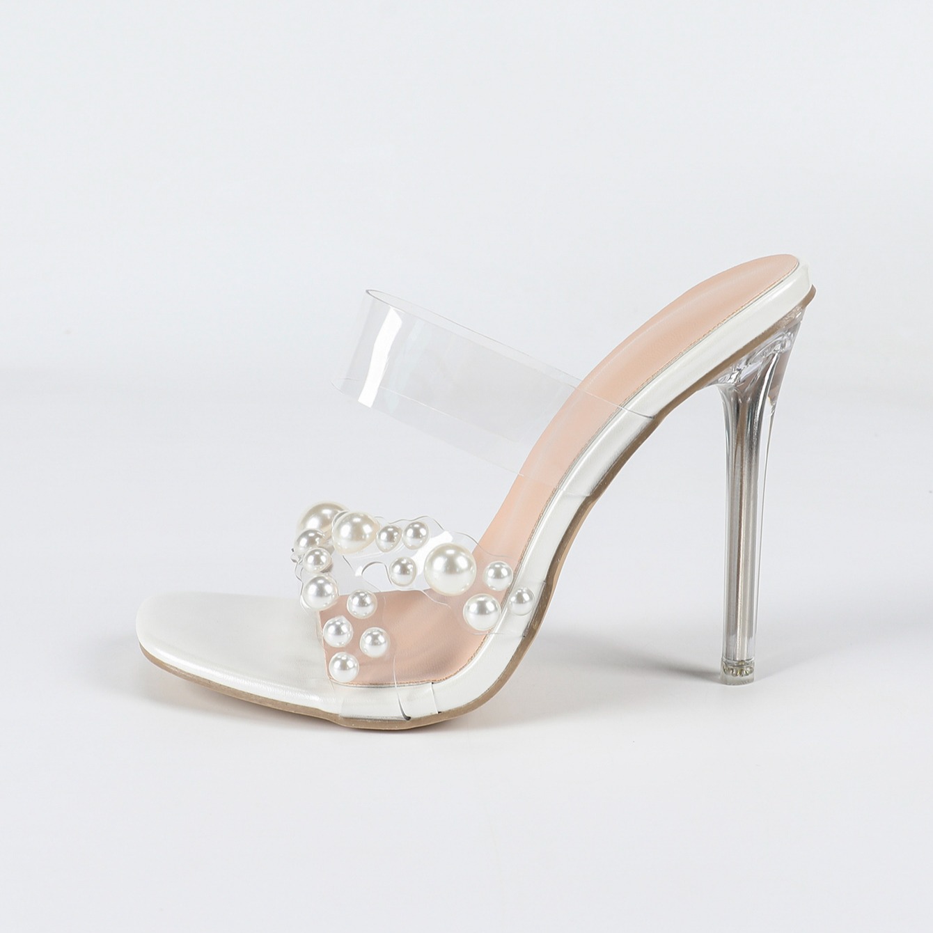Elegant White Open Toe Crystal Heel Sandals with Transparent Straps and Pearl Details for Women