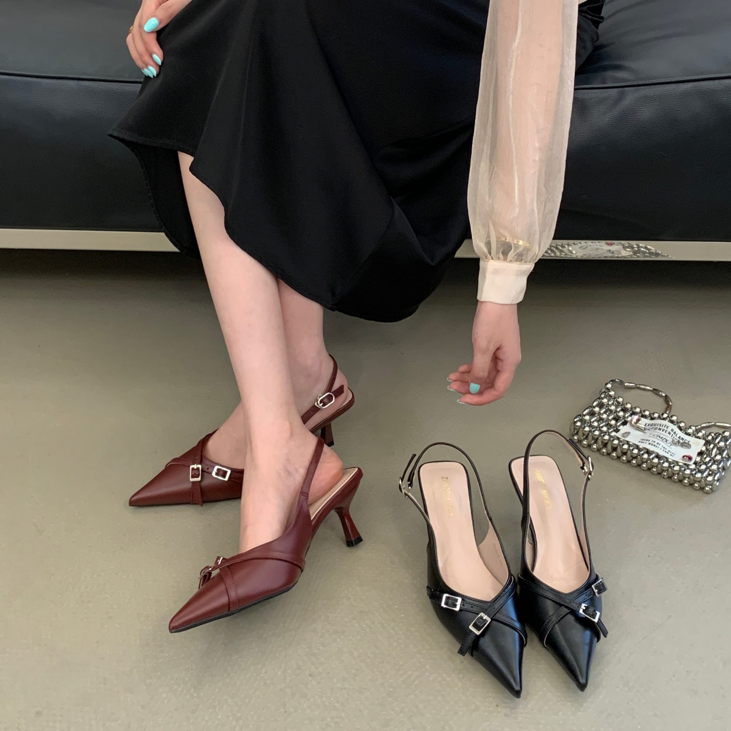 2026 Summer New French Fashion Pointed Toe Back Strap Thin Heel Women's Sandals