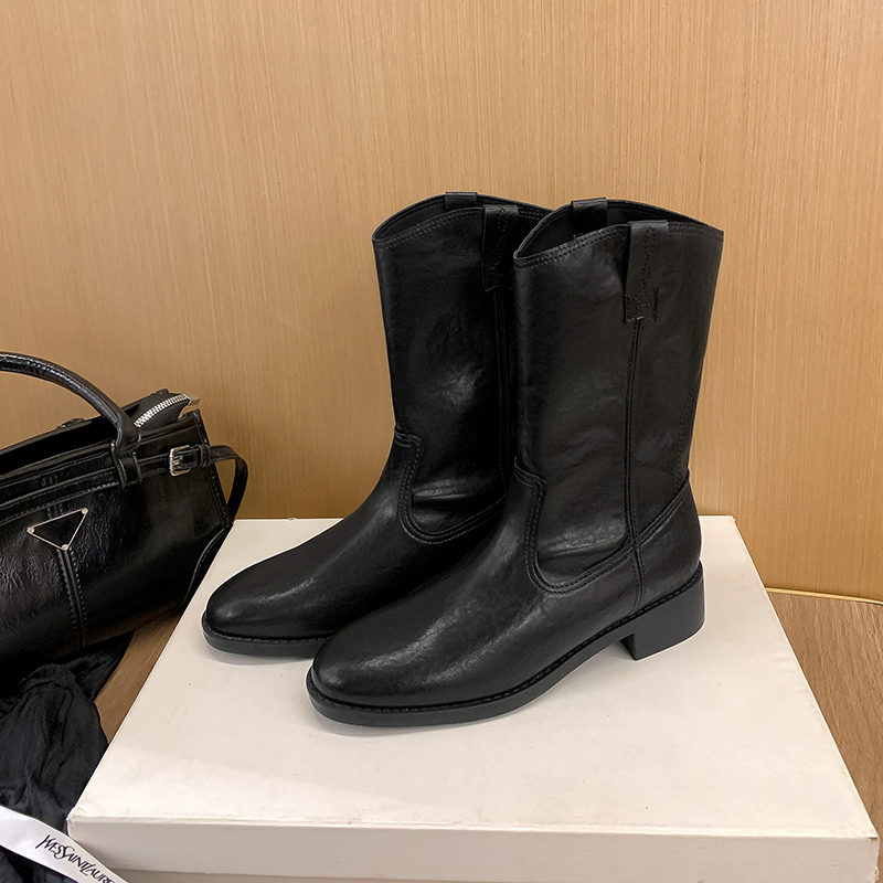 2024 Autumn Winter New Round Toe V-Cut Motorcycle Chunky Heel Retro Western Cowboy Short Boots Women Martin Boots