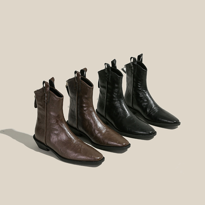 2024 Pointed Toe V-Cut Western Boots for Women Autumn New Style European American Small Square Toe Chelsea Short Boots Martin Boots