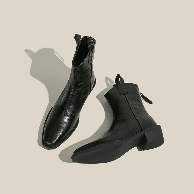2024 Pointed Toe V-Cut Western Boots for Women Autumn New Style European American Small Square Toe Chelsea Short Boots Martin Boots