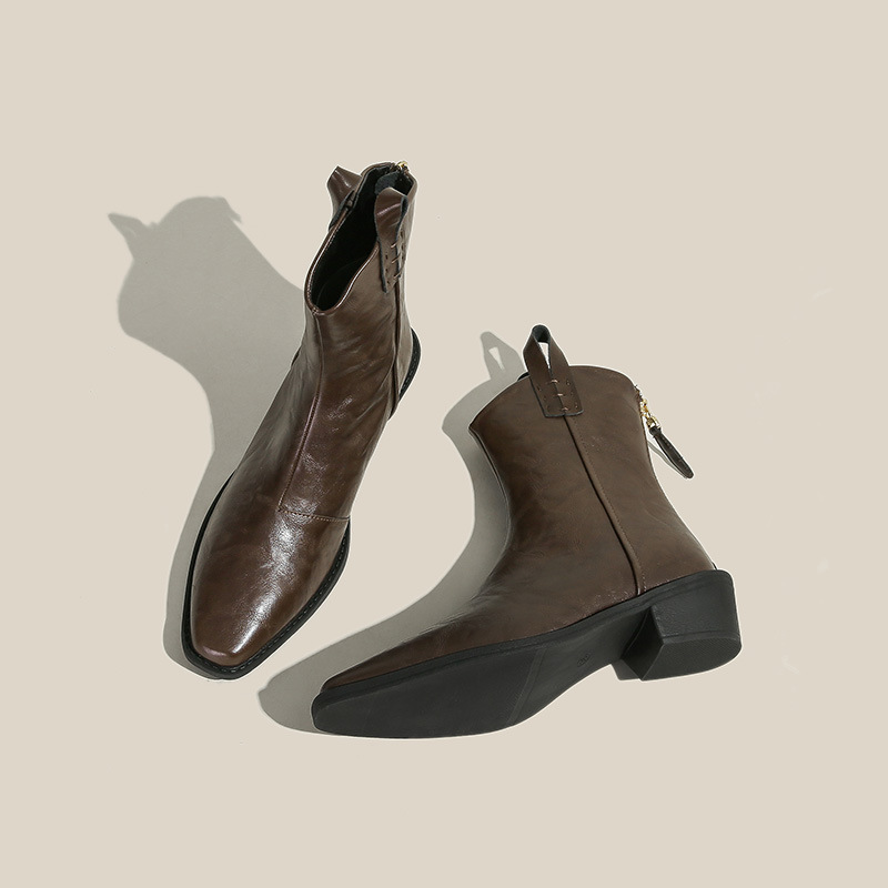 2024 Pointed Toe V-Cut Western Boots for Women Autumn New Style European American Small Square Toe Chelsea Short Boots Martin Boots