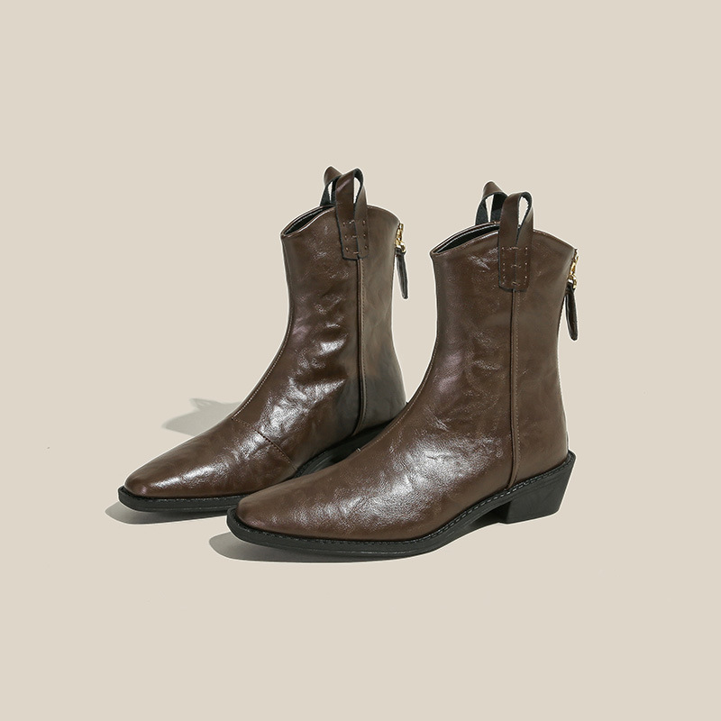 2024 Pointed Toe V-Cut Western Boots for Women Autumn New Style European American Small Square Toe Chelsea Short Boots Martin Boots