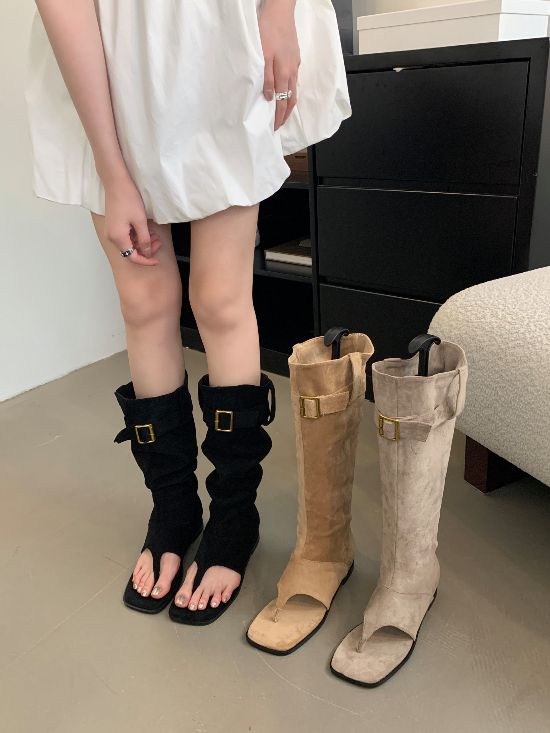 New Retro Western Cowboy Style Elevated Suede High Boot Tube Hot Girl Flip Flop Toe Simple Flat Cool Boots