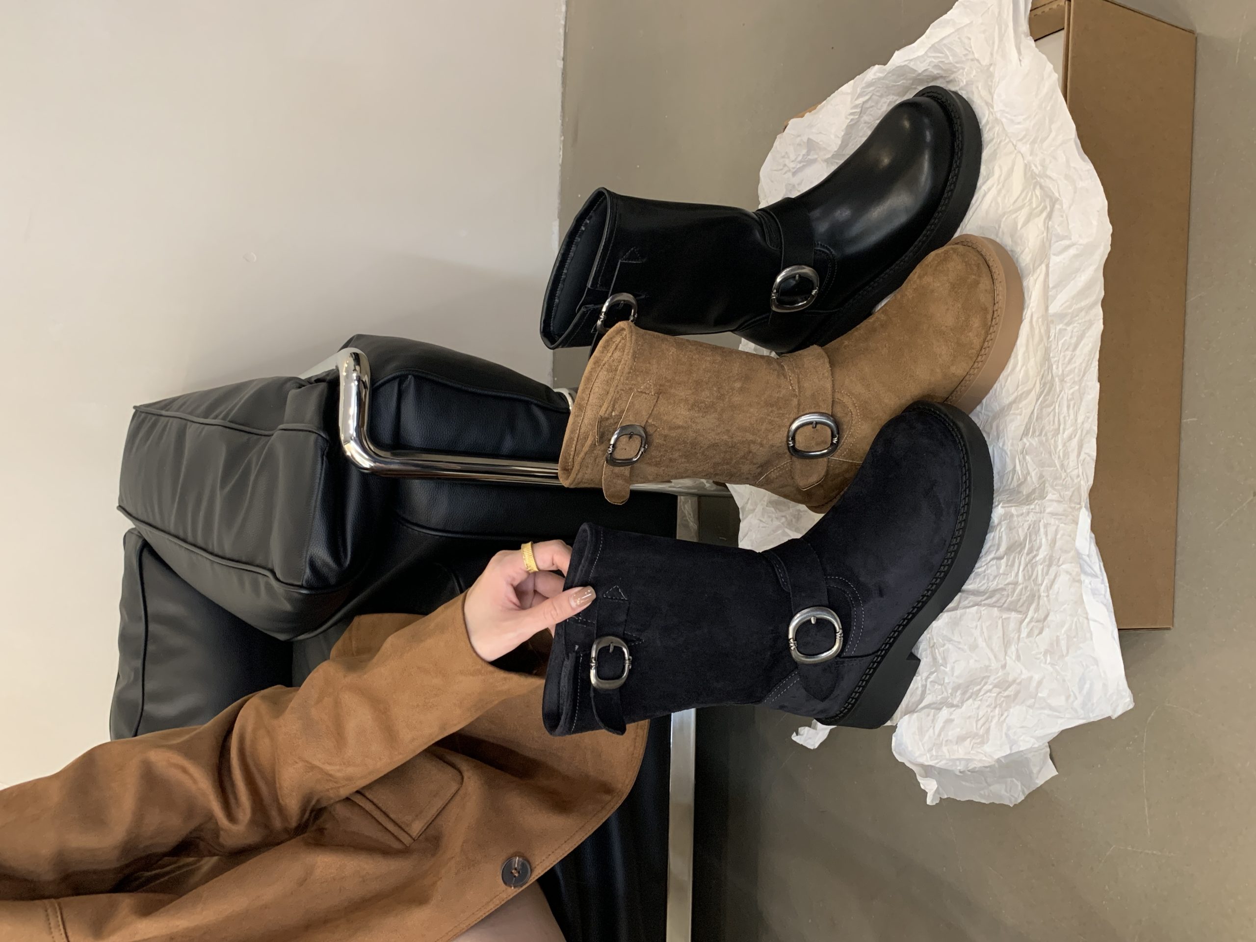 retro-metal-buckle-round-toe-worn-leather-motorcycle-stacked-short-boots-for-women-2024-fall_3 Retro Metal Buckle Round Toe Worn Leather Motorcycle Stacked Short Boots for Women 2024 Fall