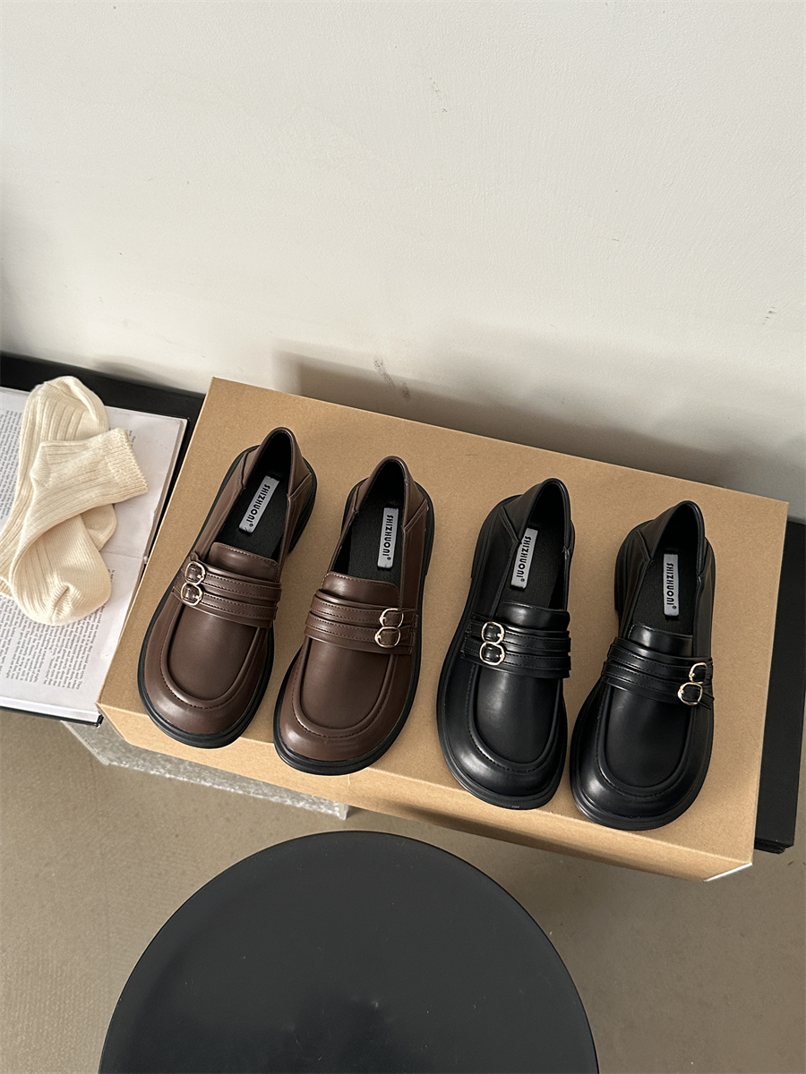 Women's Loafers British Style 2024 Spring Autumn New Retro Double Belt Buckle Comfortable Round Toe Soft Leather Low Heel Shoes